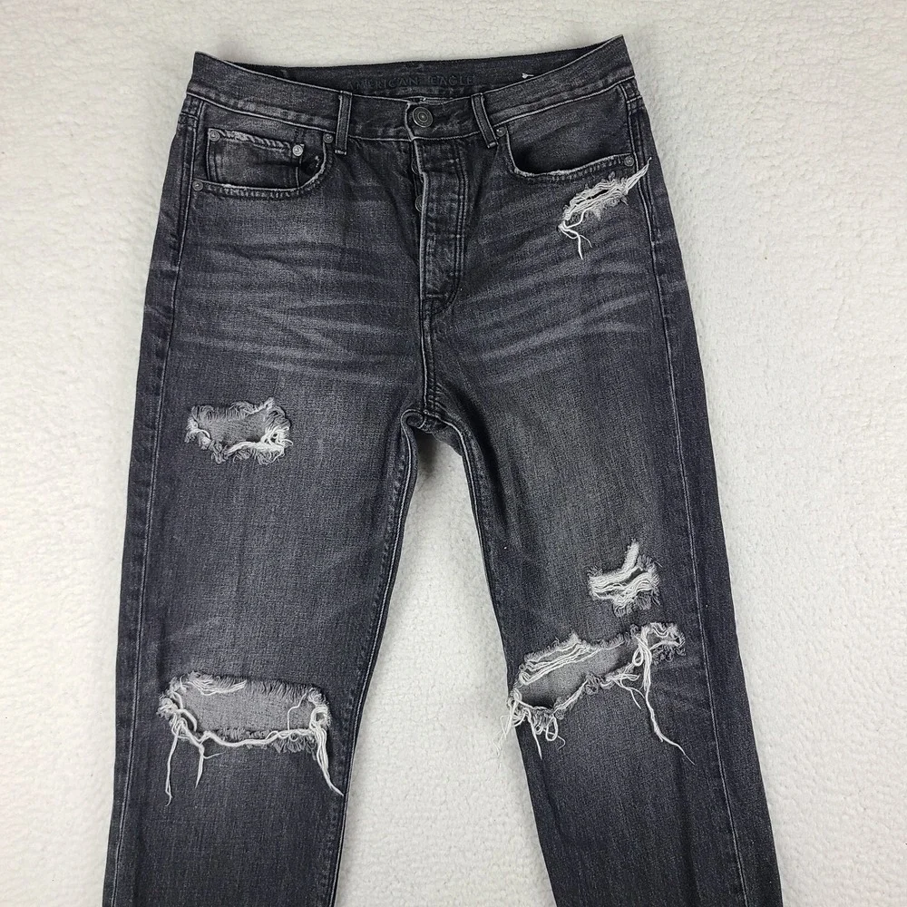 American‎ Eagle Jeans Womens 8 Black Sage 90s Boyfriend Distress Dark Wash EC